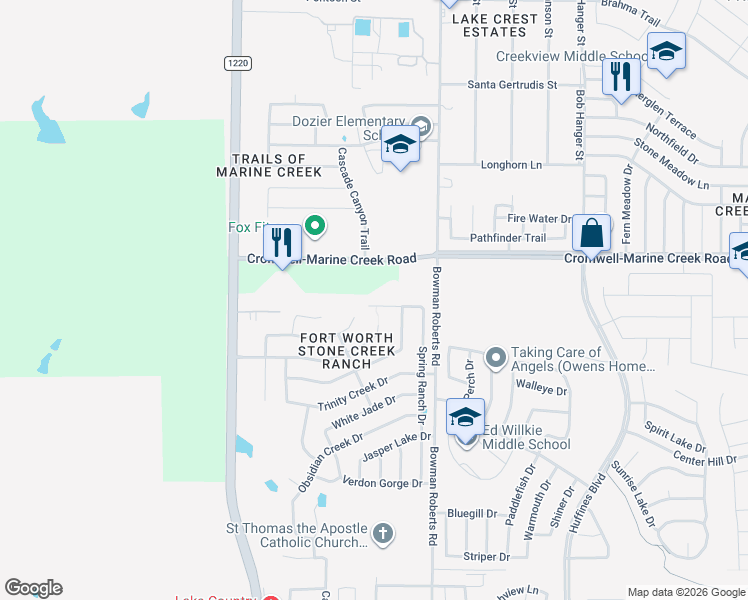 map of restaurants, bars, coffee shops, grocery stores, and more near 6200 Granite Creek Drive in Fort Worth