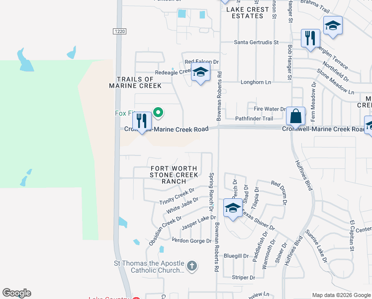 map of restaurants, bars, coffee shops, grocery stores, and more near 6456 Spring Ranch Drive in Fort Worth