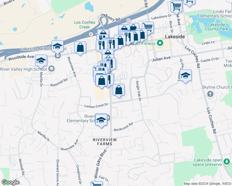 map of restaurants, bars, coffee shops, grocery stores, and more near 12116 Wintergreen Drive in Lakeside