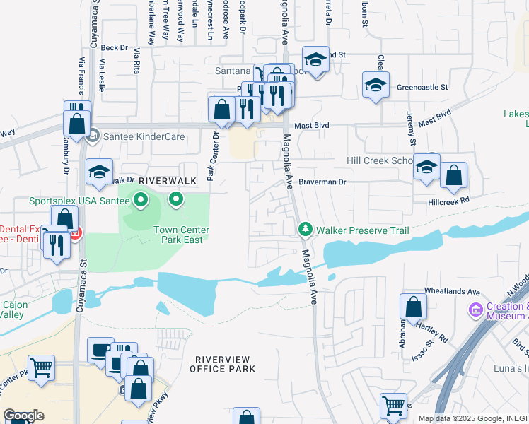 map of restaurants, bars, coffee shops, grocery stores, and more near 9578 Frank Way in Santee