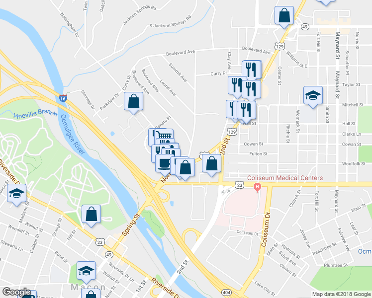 map of restaurants, bars, coffee shops, grocery stores, and more near in Macon