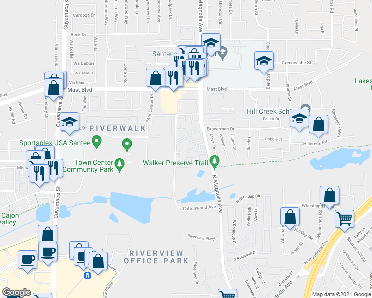 map of restaurants, bars, coffee shops, grocery stores, and more near 9578 Frank Way in Santee