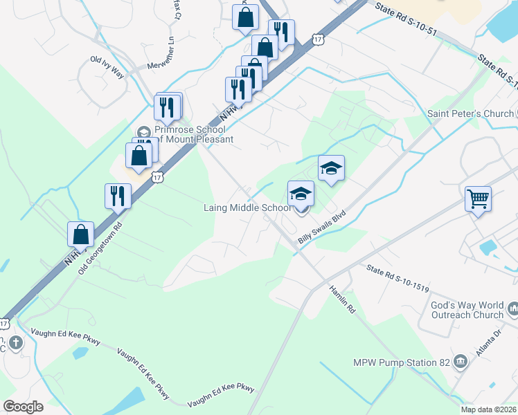 map of restaurants, bars, coffee shops, grocery stores, and more near 1201 Hamlin Road in Mount Pleasant