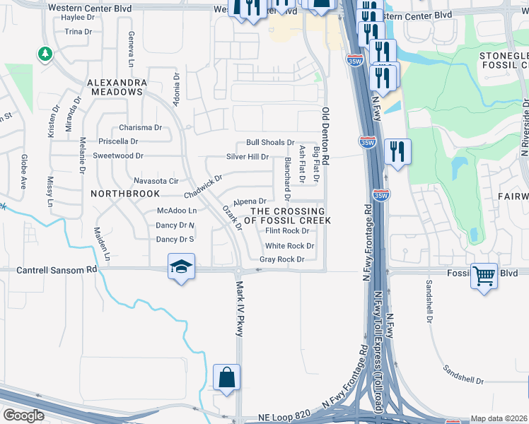 map of restaurants, bars, coffee shops, grocery stores, and more near 2709 Calico Rock Drive in Fort Worth
