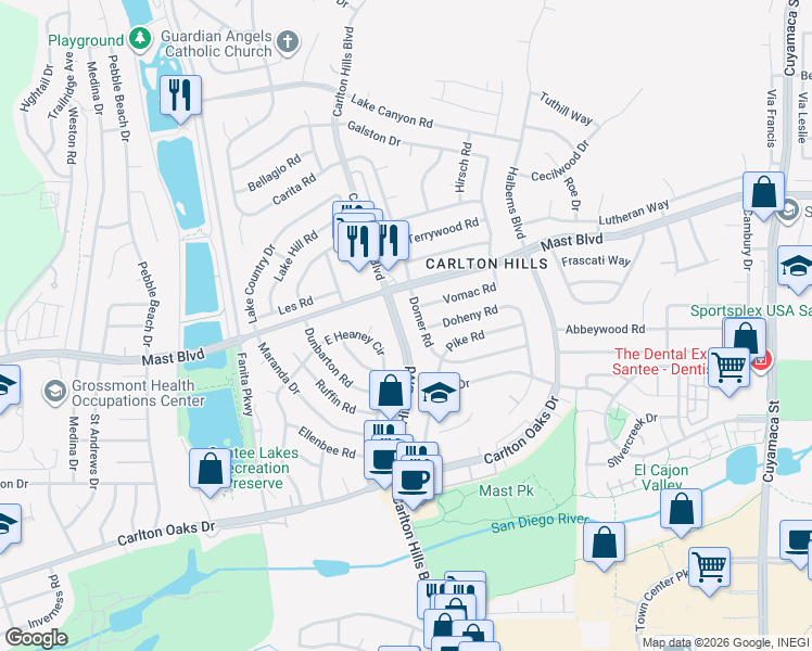 map of restaurants, bars, coffee shops, grocery stores, and more near in Santee