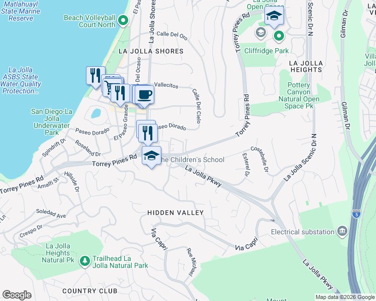 map of restaurants, bars, coffee shops, grocery stores, and more near 2408 Torrey Pines Road in San Diego