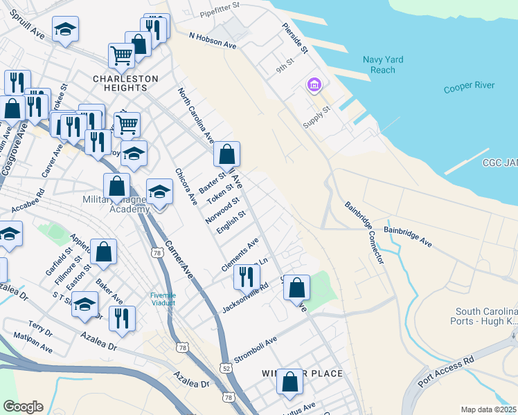 map of restaurants, bars, coffee shops, grocery stores, and more near 1804 English Street in North Charleston