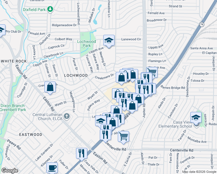 map of restaurants, bars, coffee shops, grocery stores, and more near 11039 Wyatt Street in Dallas