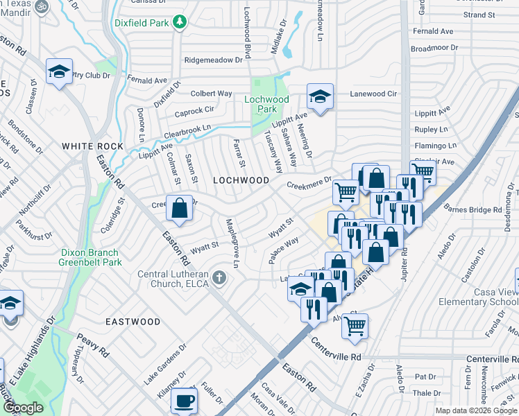 map of restaurants, bars, coffee shops, grocery stores, and more near 10924 Creekmere Drive in Dallas