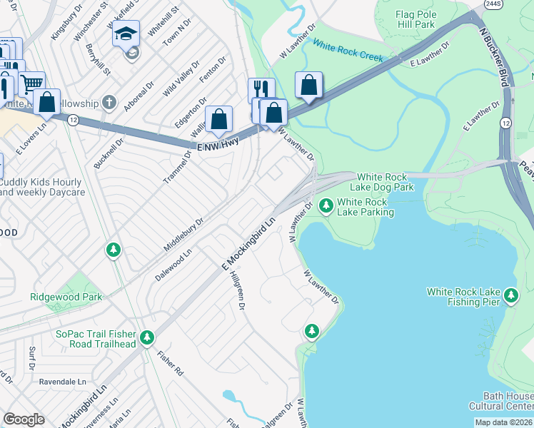 map of restaurants, bars, coffee shops, grocery stores, and more near Thomas Place in Dallas