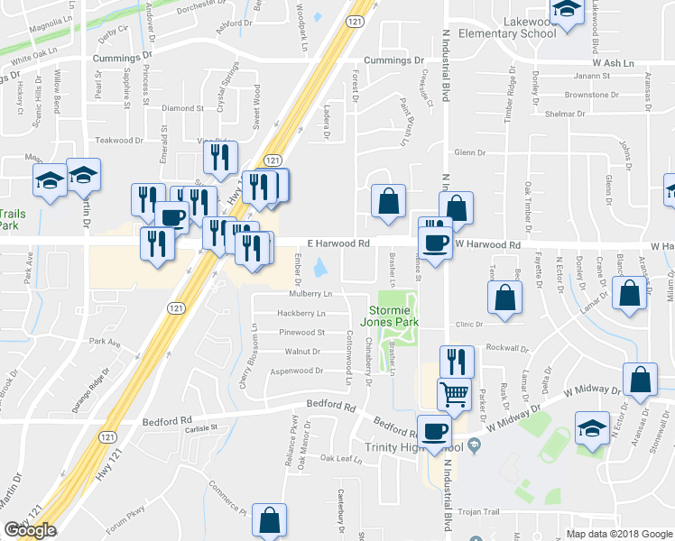map of restaurants, bars, coffee shops, grocery stores, and more near 2615 East Harwood Road in Bedford