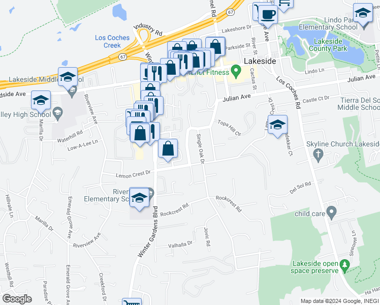 map of restaurants, bars, coffee shops, grocery stores, and more near 9535 Farmington Drive in Lakeside