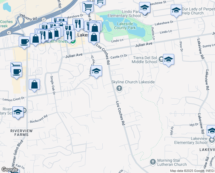 map of restaurants, bars, coffee shops, grocery stores, and more near 12515 Leyendekker Road in Lakeside