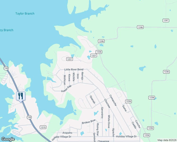map of restaurants, bars, coffee shops, grocery stores, and more near 381 Little River Bend in Quitman