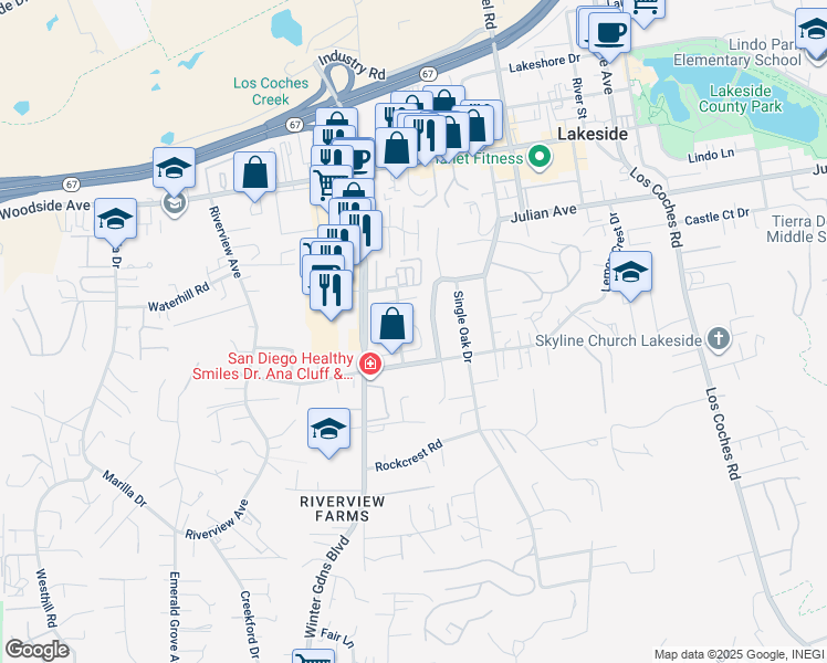 map of restaurants, bars, coffee shops, grocery stores, and more near 12156 Wintergreen Drive in Lakeside