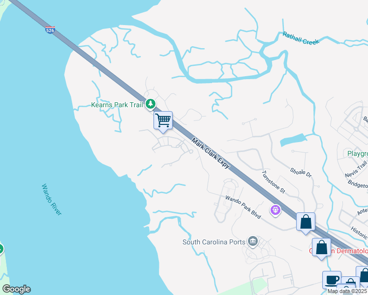 map of restaurants, bars, coffee shops, grocery stores, and more near 100 Coastal Marsh Road in Mount Pleasant