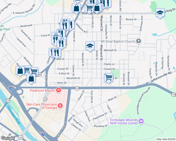 map of restaurants, bars, coffee shops, grocery stores, and more near 826 Fort Hill Street in Macon