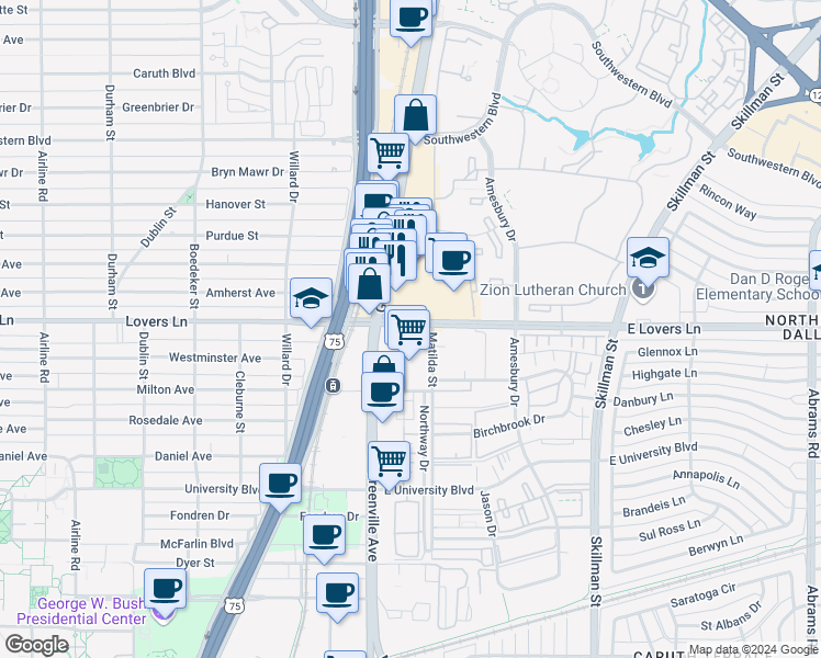 map of restaurants, bars, coffee shops, grocery stores, and more near 5750 East Lovers Lane in Dallas