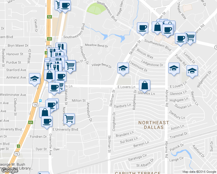 map of restaurants, bars, coffee shops, grocery stores, and more near 6078 East Lovers Lane in Dallas