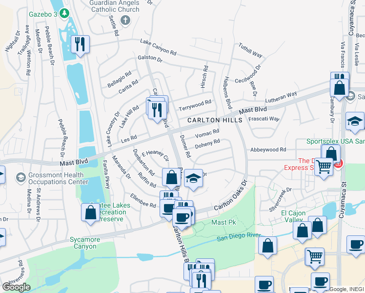 map of restaurants, bars, coffee shops, grocery stores, and more near 9548 Domer Road in Santee