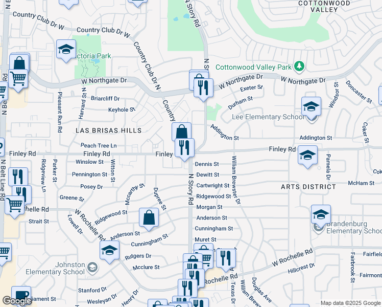 map of restaurants, bars, coffee shops, grocery stores, and more near 2415 Finley Road in Irving