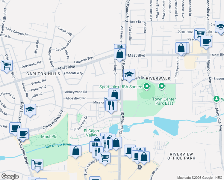 map of restaurants, bars, coffee shops, grocery stores, and more near 9770 Abbeywood Road in Santee