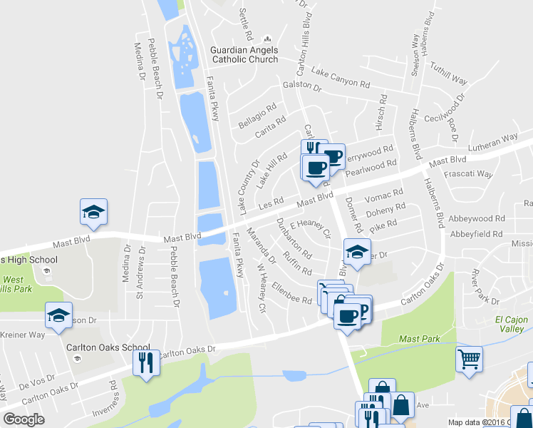 map of restaurants, bars, coffee shops, grocery stores, and more near 9205 Lake Hill Road in Santee