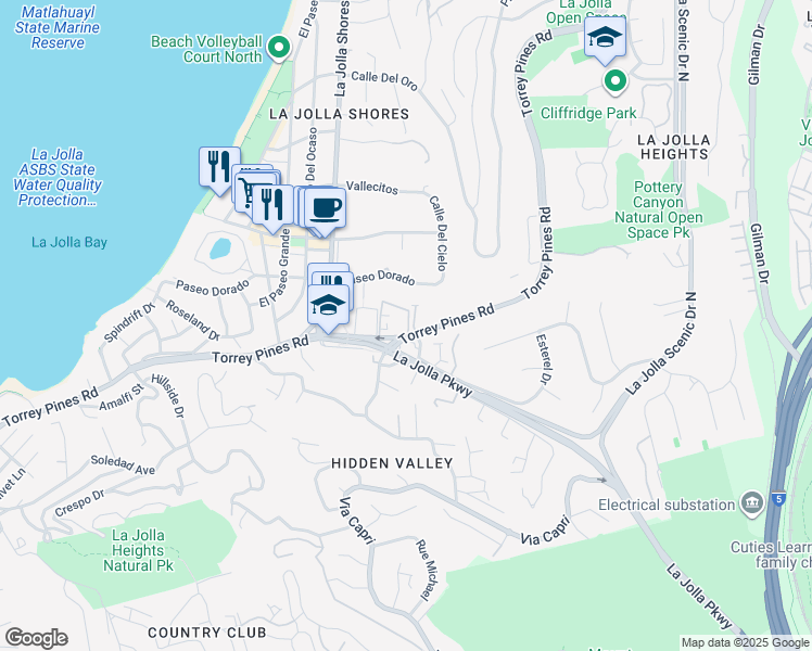 map of restaurants, bars, coffee shops, grocery stores, and more near 7991 Caminito Del Cid in San Diego