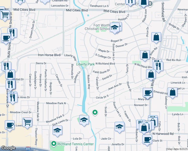 map of restaurants, bars, coffee shops, grocery stores, and more near 7316 Duncan Court in North Richland Hills