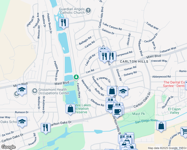 map of restaurants, bars, coffee shops, grocery stores, and more near 9227 Les Road in Santee