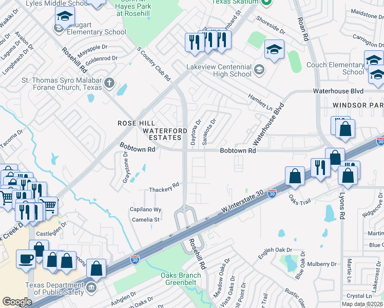 map of restaurants, bars, coffee shops, grocery stores, and more near 5326 Daytona Drive in Garland