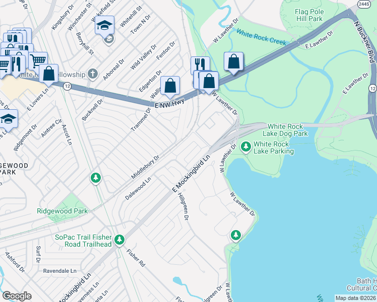 map of restaurants, bars, coffee shops, grocery stores, and more near 7447 Brentcove Circle in Dallas