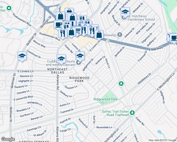 map of restaurants, bars, coffee shops, grocery stores, and more near 6549 Fisher Road in Dallas