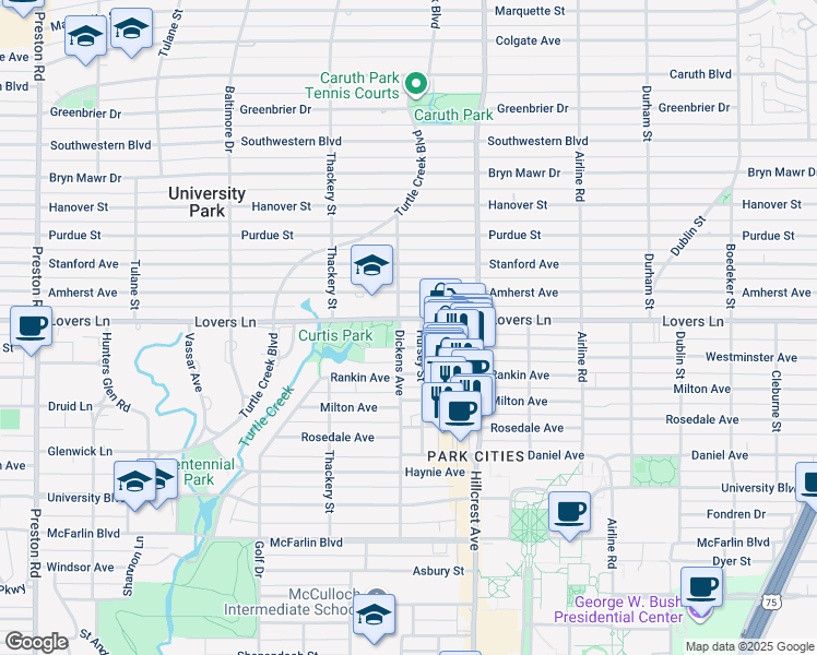 map of restaurants, bars, coffee shops, grocery stores, and more near 3436 Lovers Lane in Dallas