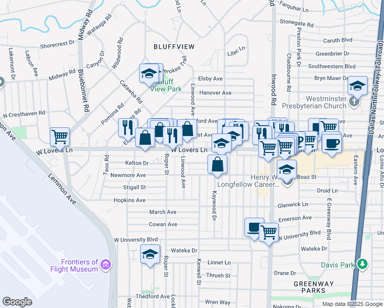 map of restaurants, bars, coffee shops, grocery stores, and more near 4719 West Lovers Lane in Dallas