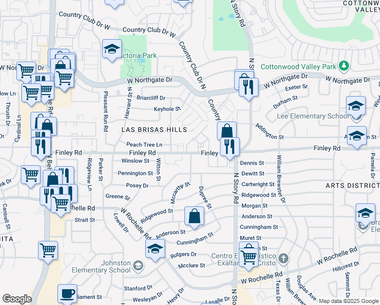 map of restaurants, bars, coffee shops, grocery stores, and more near 2427 Finley Road in Irving