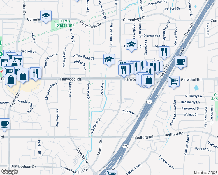 map of restaurants, bars, coffee shops, grocery stores, and more near 2904 Harwood Road in Bedford