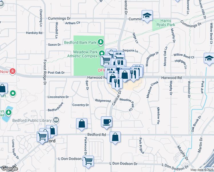 map of restaurants, bars, coffee shops, grocery stores, and more near 2100 Harwood Road in Bedford