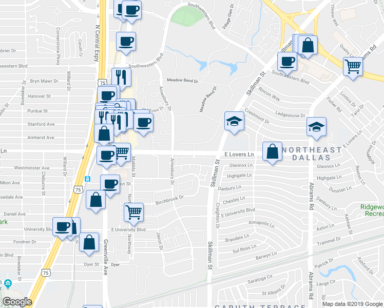 map of restaurants, bars, coffee shops, grocery stores, and more near 6040 East Lovers Lane in Dallas