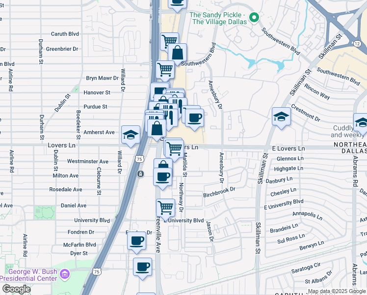 map of restaurants, bars, coffee shops, grocery stores, and more near 5785 East Lovers Lane in Dallas