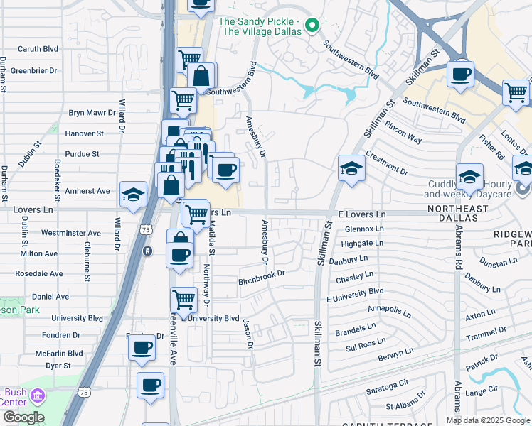 map of restaurants, bars, coffee shops, grocery stores, and more near 6042 East Lovers Lane in Dallas