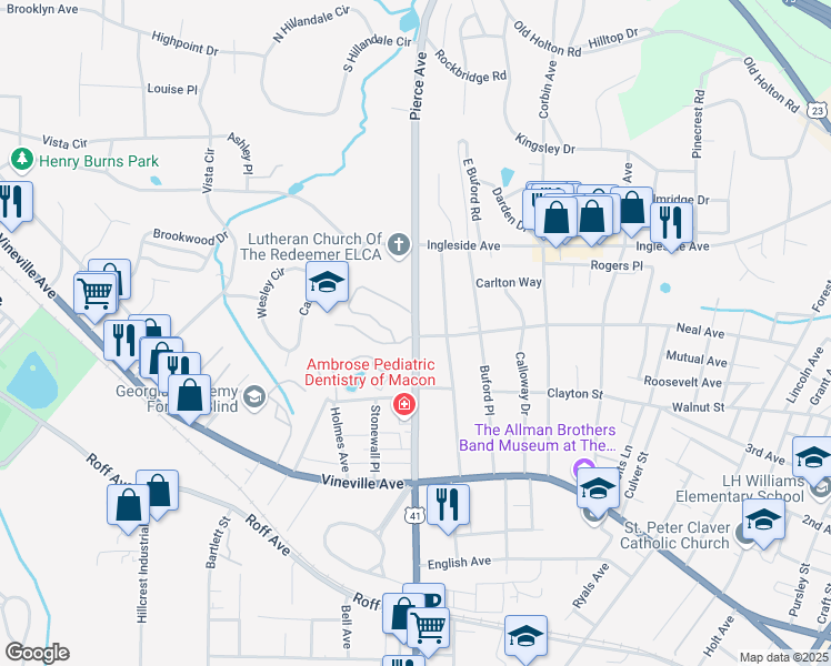 map of restaurants, bars, coffee shops, grocery stores, and more near 304 Pierce Avenue in Macon