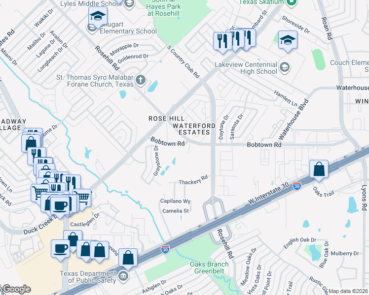 map of restaurants, bars, coffee shops, grocery stores, and more near 2802 Bobtown Road in Garland