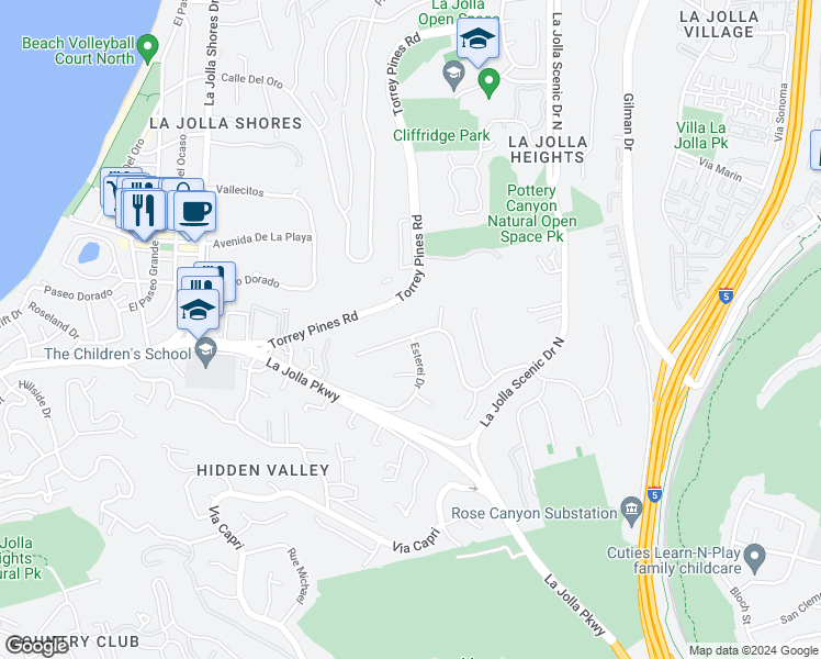 map of restaurants, bars, coffee shops, grocery stores, and more near 2684 Costebelle Drive in San Diego
