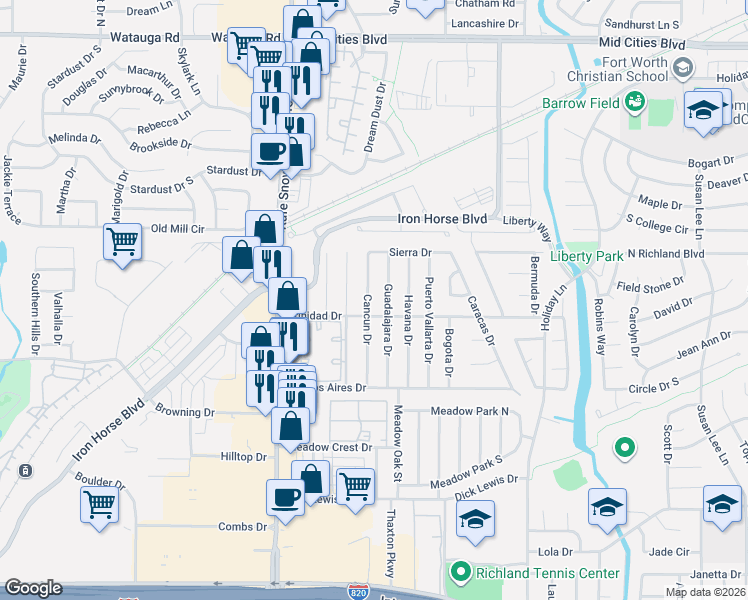 map of restaurants, bars, coffee shops, grocery stores, and more near 5718 Cancun Drive in North Richland Hills