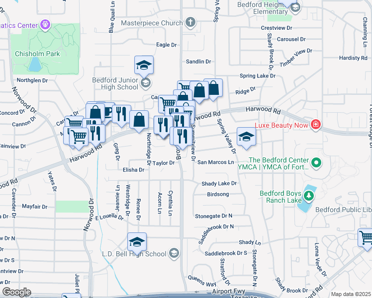 map of restaurants, bars, coffee shops, grocery stores, and more near 2800 Brown Trail in Bedford
