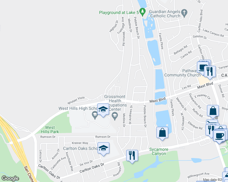 map of restaurants, bars, coffee shops, grocery stores, and more near 8748 Chaparral Street in Santee