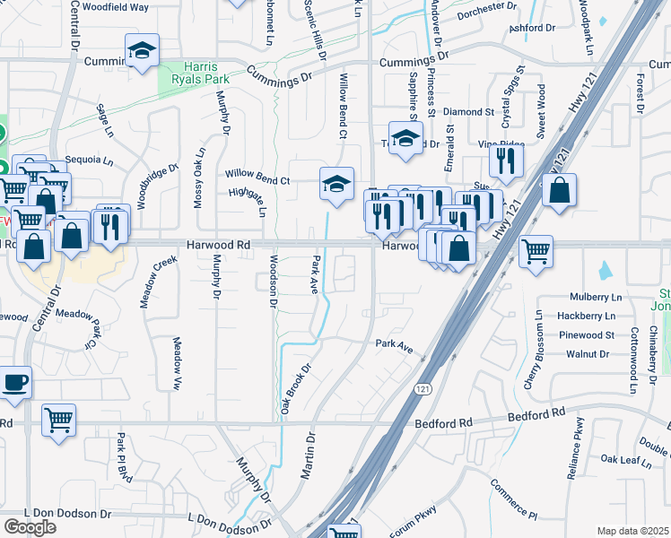 map of restaurants, bars, coffee shops, grocery stores, and more near 2900 Harwood Road in Bedford