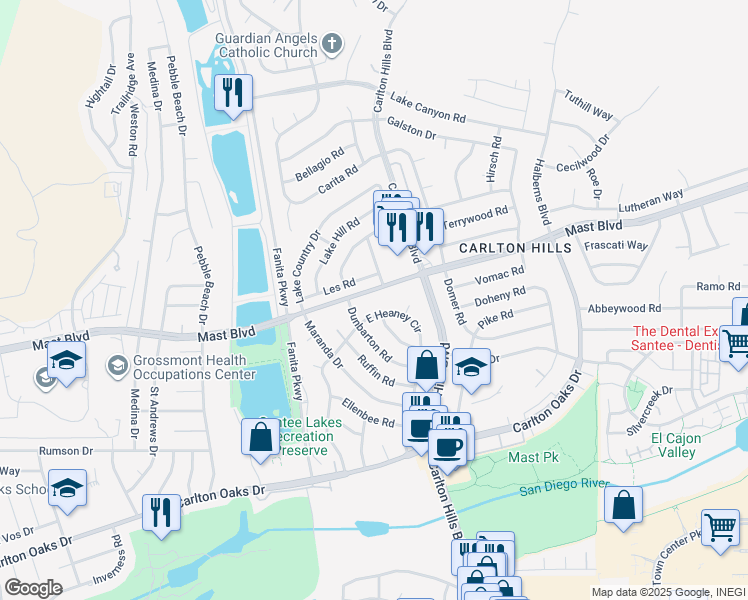 map of restaurants, bars, coffee shops, grocery stores, and more near 9227 Les Road in Santee