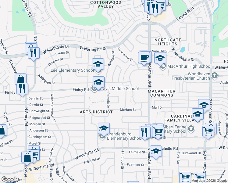 map of restaurants, bars, coffee shops, grocery stores, and more near 1517 Finley Road in Irving
